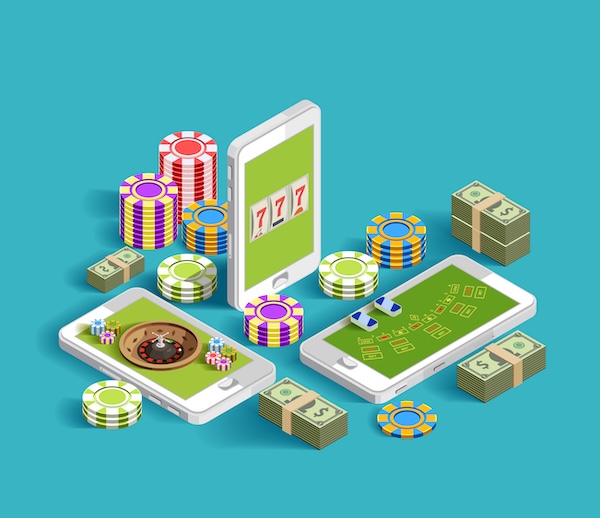 Изометрическая иллюстрация мобильного казино на смартфонах